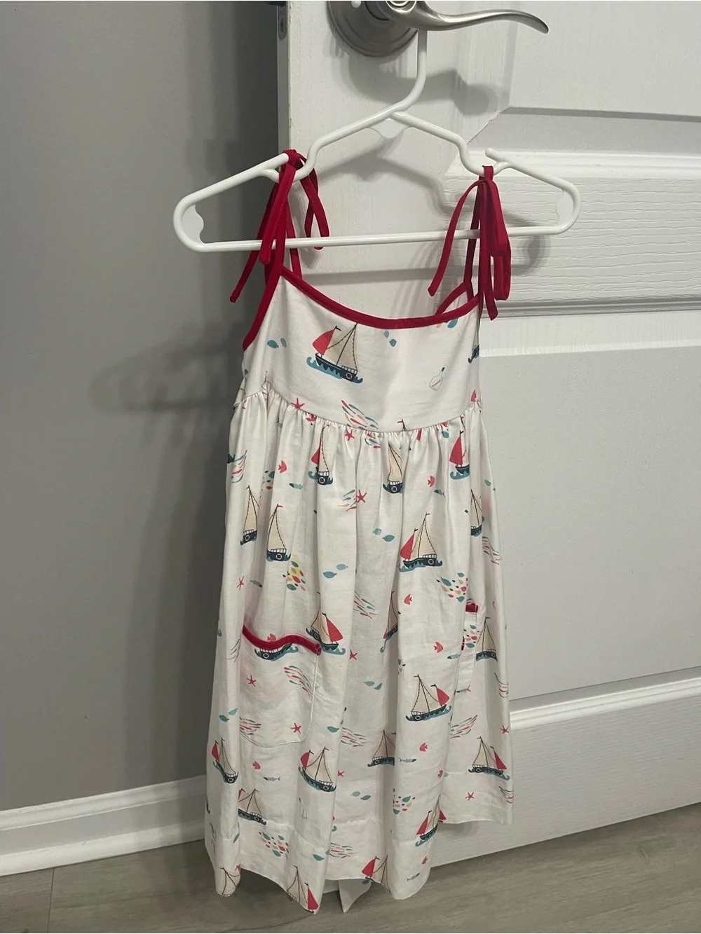 Girls White Sailboat Print Tie-Shoulder Dress - Picture 4 of 4